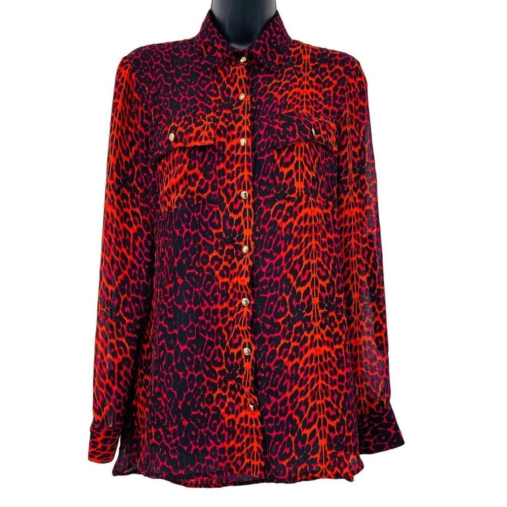 Ali & Kris Women's Red Vibrant Leopard Print‎ Top Size S Semi Sheer Button Front